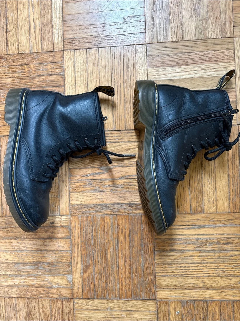 Dr Martens size 3 Black Lace-Up Combat Boots with Yellow Heel Loop